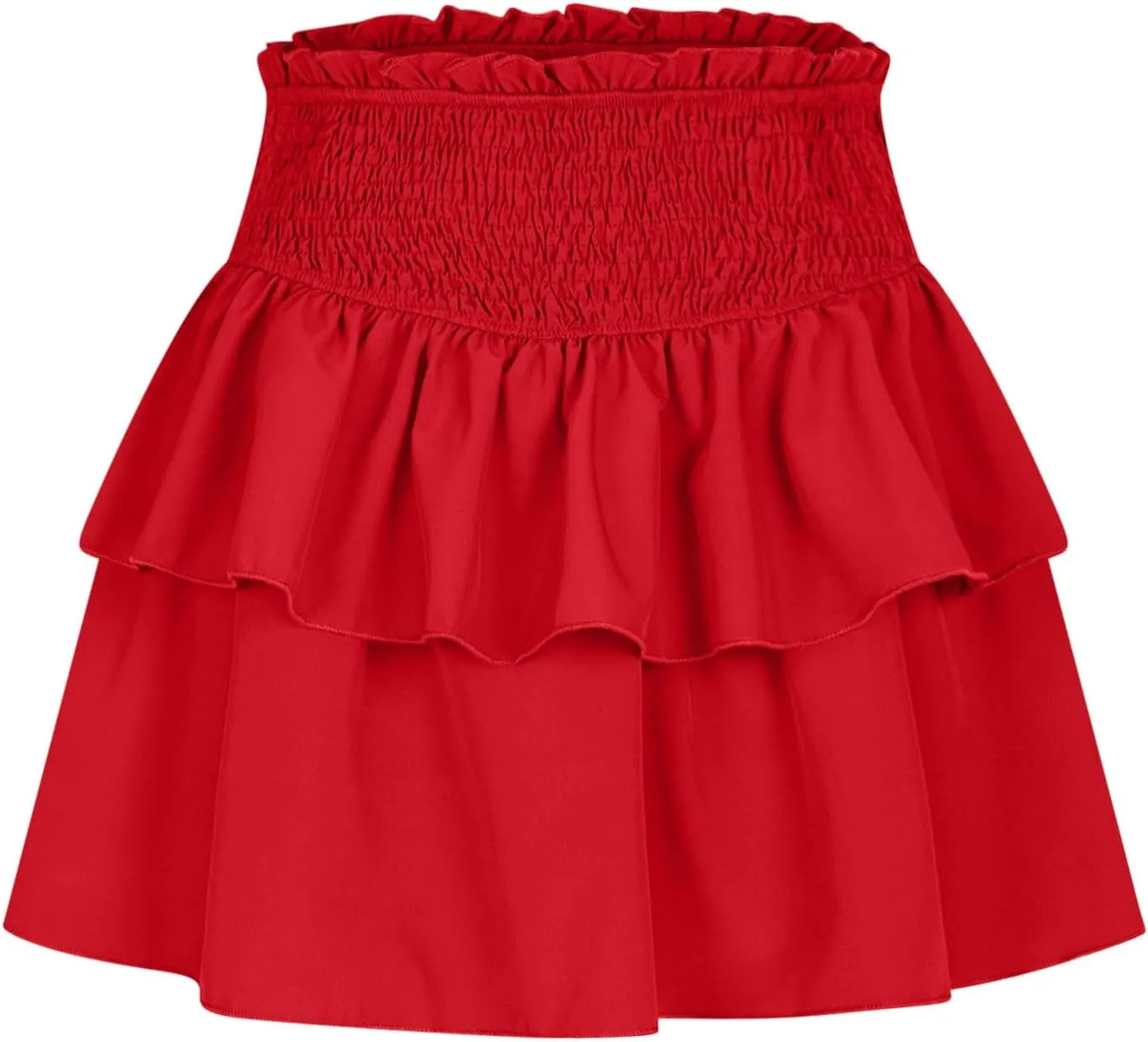 XUNRYAN Womens Summer Boho Skirts Trendy Tiered Ruffle Smocked High Waist Mini Skirt Casual Beach Holiday Vacation Outfit