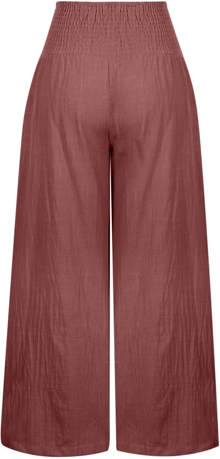 yardsong Linen Pants Women 2024 Summer Trendy Casual Wide Leg Pant Smocked High Waisted Palazzo Beach Pants with Pockets