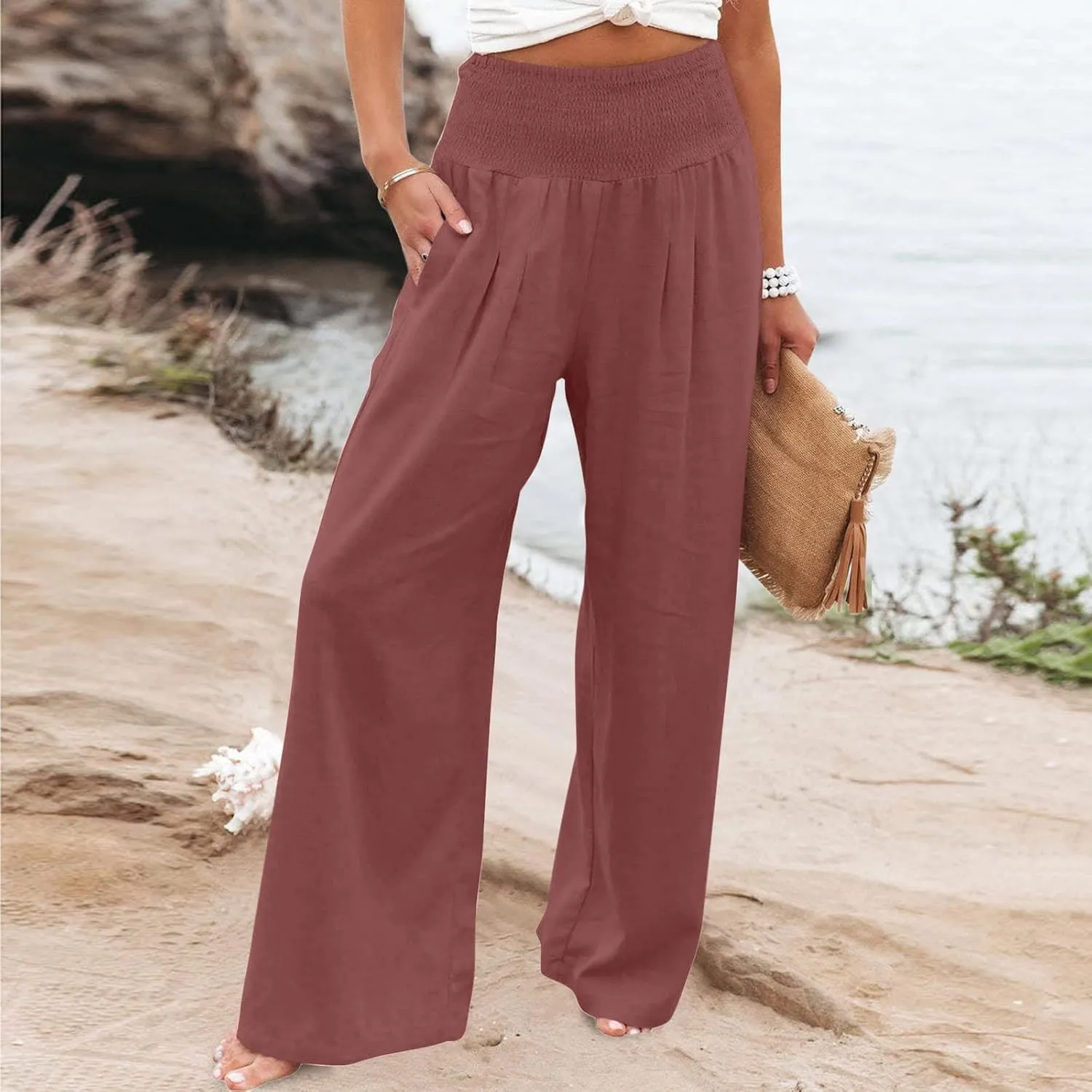 yardsong Linen Pants Women 2024 Summer Trendy Casual Wide Leg Pant Smocked High Waisted Palazzo Beach Pants with Pockets