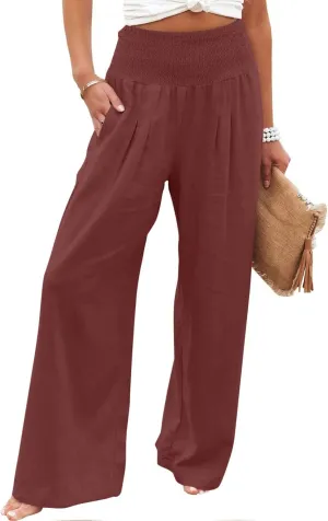 yardsong Linen Pants Women 2024 Summer Trendy Casual Wide Leg Pant Smocked High Waisted Palazzo Beach Pants with Pockets