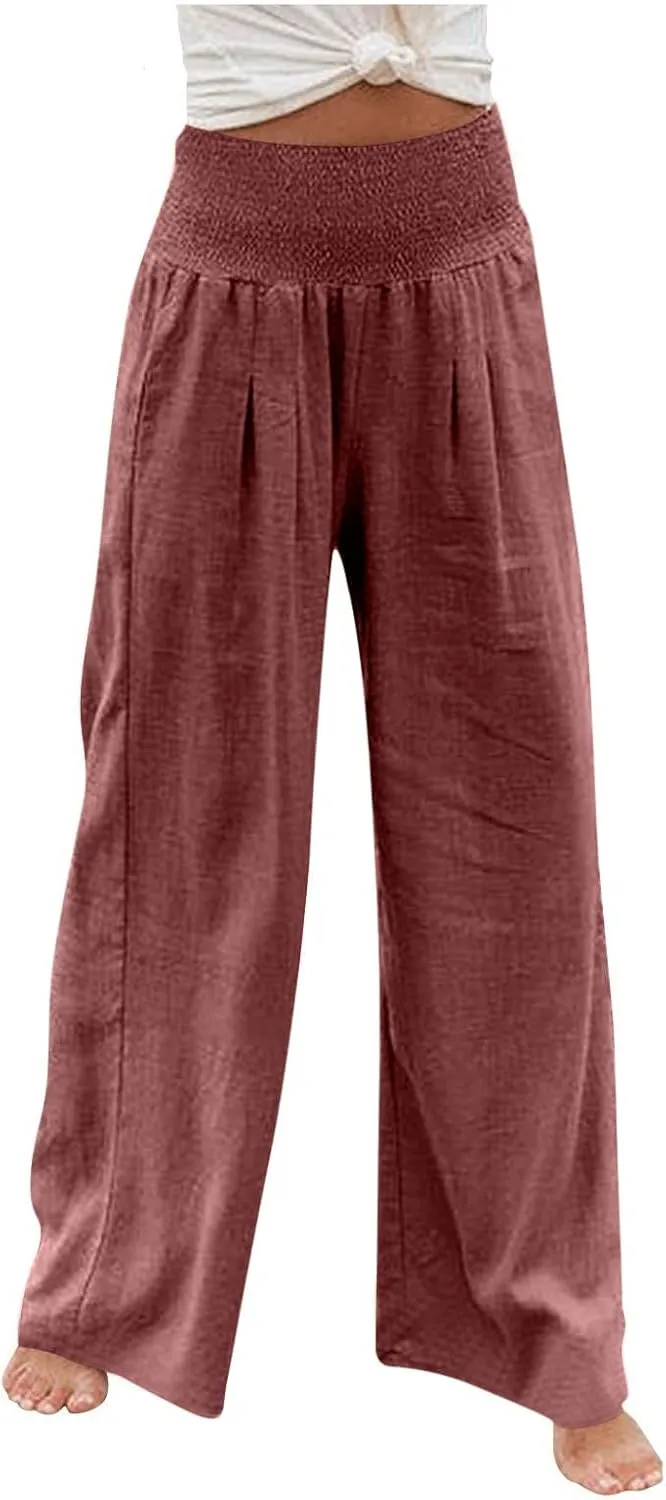 yardsong Linen Pants Women 2024 Summer Trendy Casual Wide Leg Pant Smocked High Waisted Palazzo Beach Pants with Pockets
