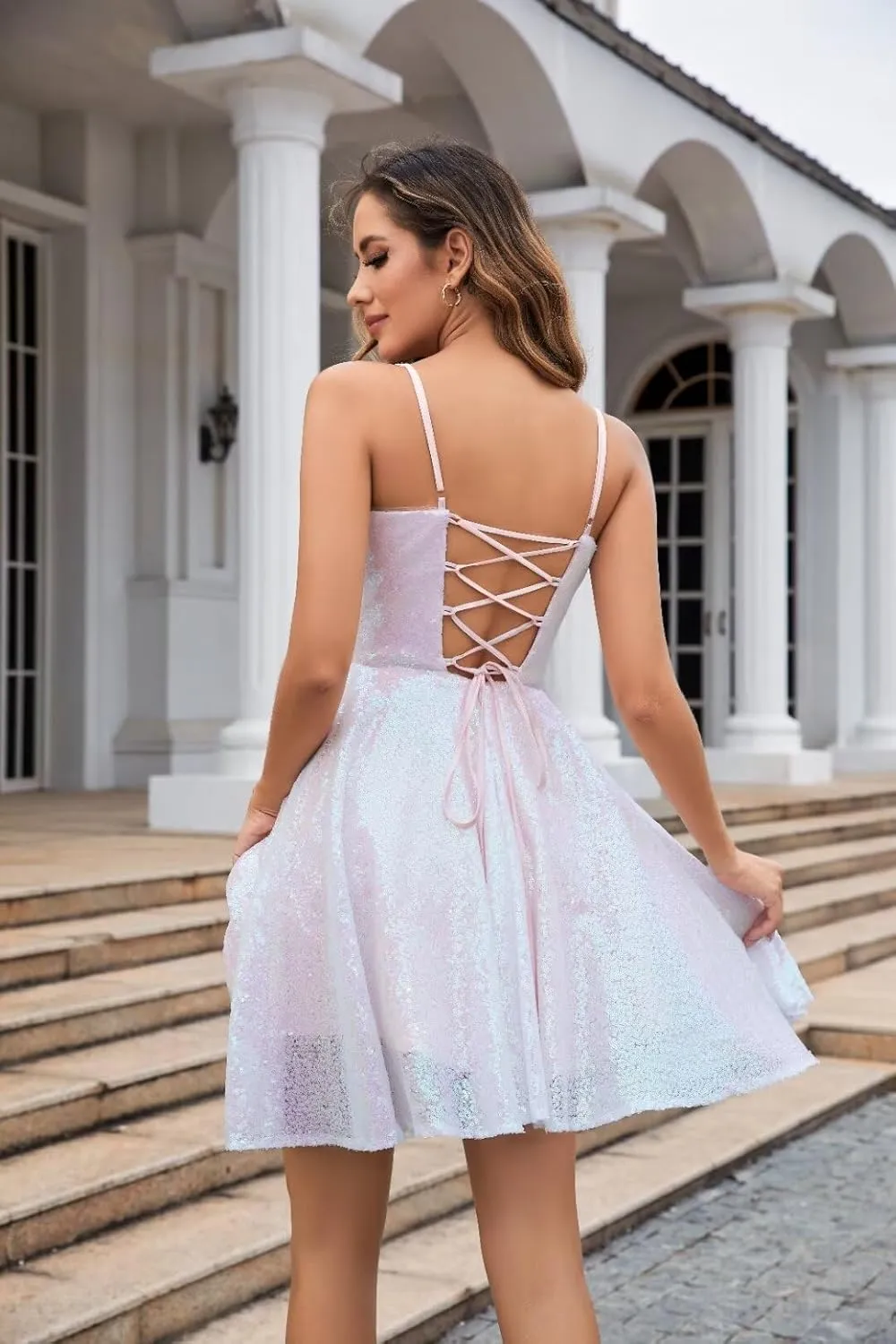 YUAOHUANG Spaghetti Straps Cowl Neck Homecoming Dresses 2024 Ruffle Hem Sequin Sparkly Short Tight Prom Cocktail Gowns