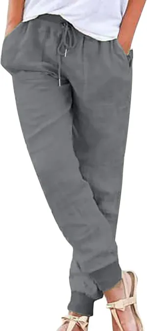 ZDRZK Jogging Pants for Women Cotton Linen Drawstring Elastic Waist Pants Casual Oversized Lounge Sweatpants with Pockets
