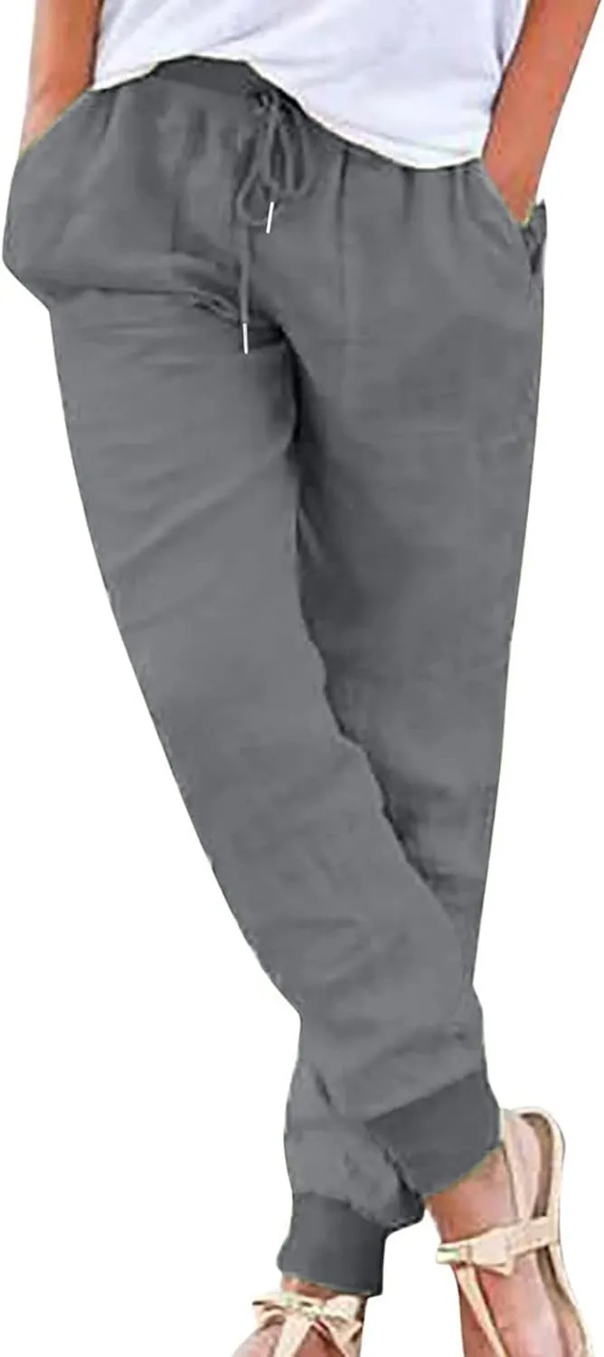 ZDRZK Jogging Pants for Women Cotton Linen Drawstring Elastic Waist Pants Casual Oversized Lounge Sweatpants with Pockets